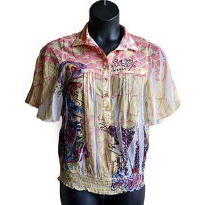 Ed Hardy Size Large Bold Pleated Silk Blouse, Fish, Eagle, Tiger